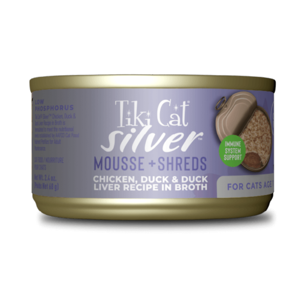 Tiki Cat Silver Mousse and Shreds Chicken, Duck & Duck Liver Recipe in Broth – Lata 68gr