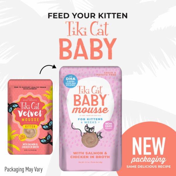 Tiki Cat Velvet Mousse Wet Cat Food KITTEN Salmon & Chicken in Broth – Pouch 68gr - Imagen 2