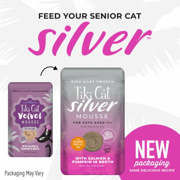 Tiki Cat Velvet Mousse Wet Cat Food Senior Salmon & Pumpkin in Broth – Pouch 80gr - Imagen 2