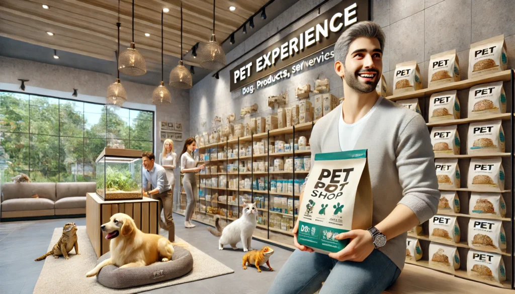 DALL·E 2024-09-30 20.37.22 - A hyper-realistic horizontal image capturing the essence of Pet Experience, a premium pet shop that focuses on providing the best products and service
