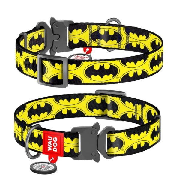 Waudog Collar Batman Logo DC Comics, Hebilla Fastex de Metal + Placa QR