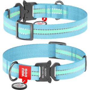 Waudog Collar Celeste Brilla en la Oscuridad, Hebilla Fastex de Metal + Placa QR