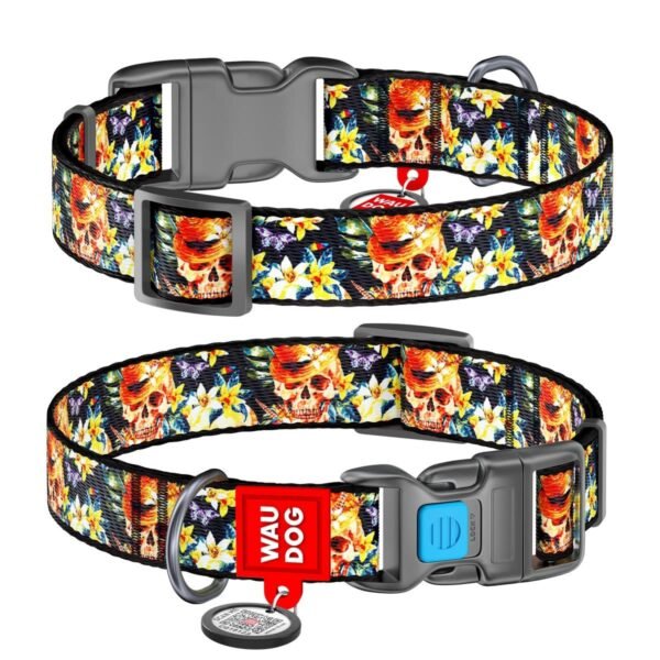 Waudog Collar Glamorous Skulls, Hebilla Fastex de Plástico + Placa QR