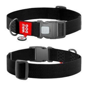 Waudog Collar Waterproof Negro, Hebilla Fastex de Plástico + Placa QR