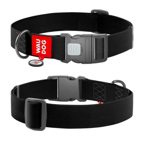 Waudog Collar Waterproof Negro, Hebilla Fastex de Plástico + Placa QR